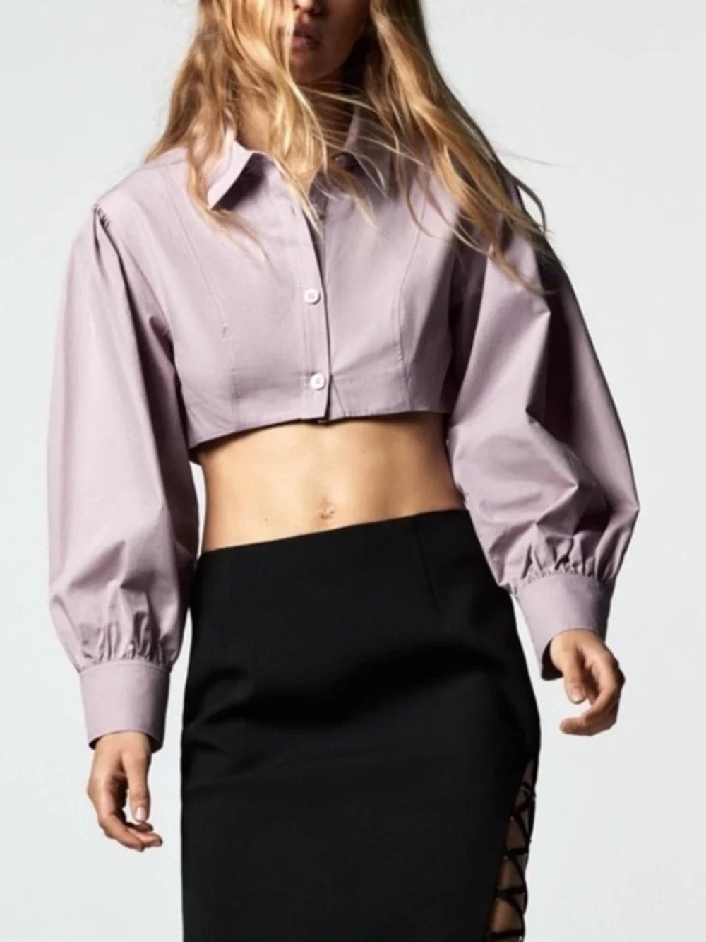 Zara Cropped Puff-Sleeve Button-Front Top in Lavender Size M